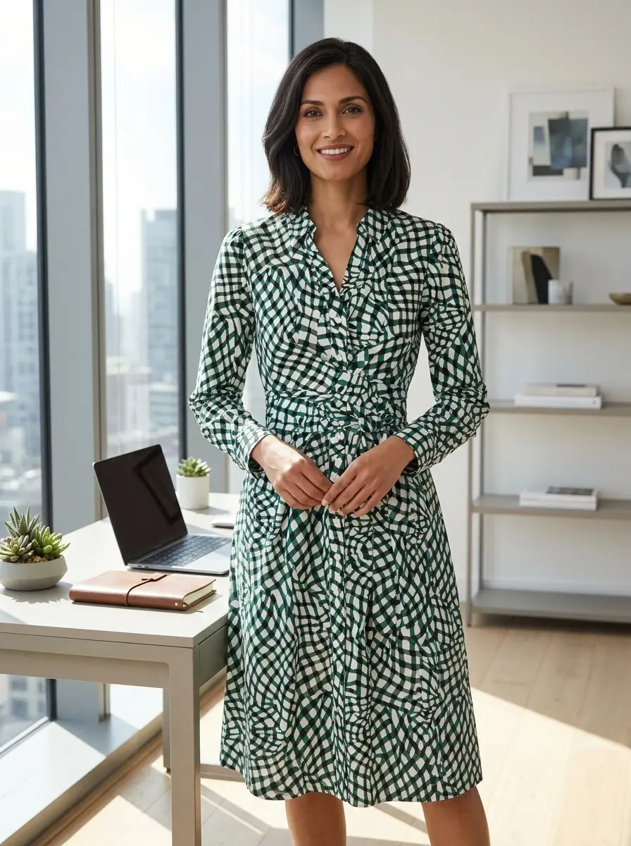 Woman wearing the Eve wrap midi dress in Mini Floating Plaid White