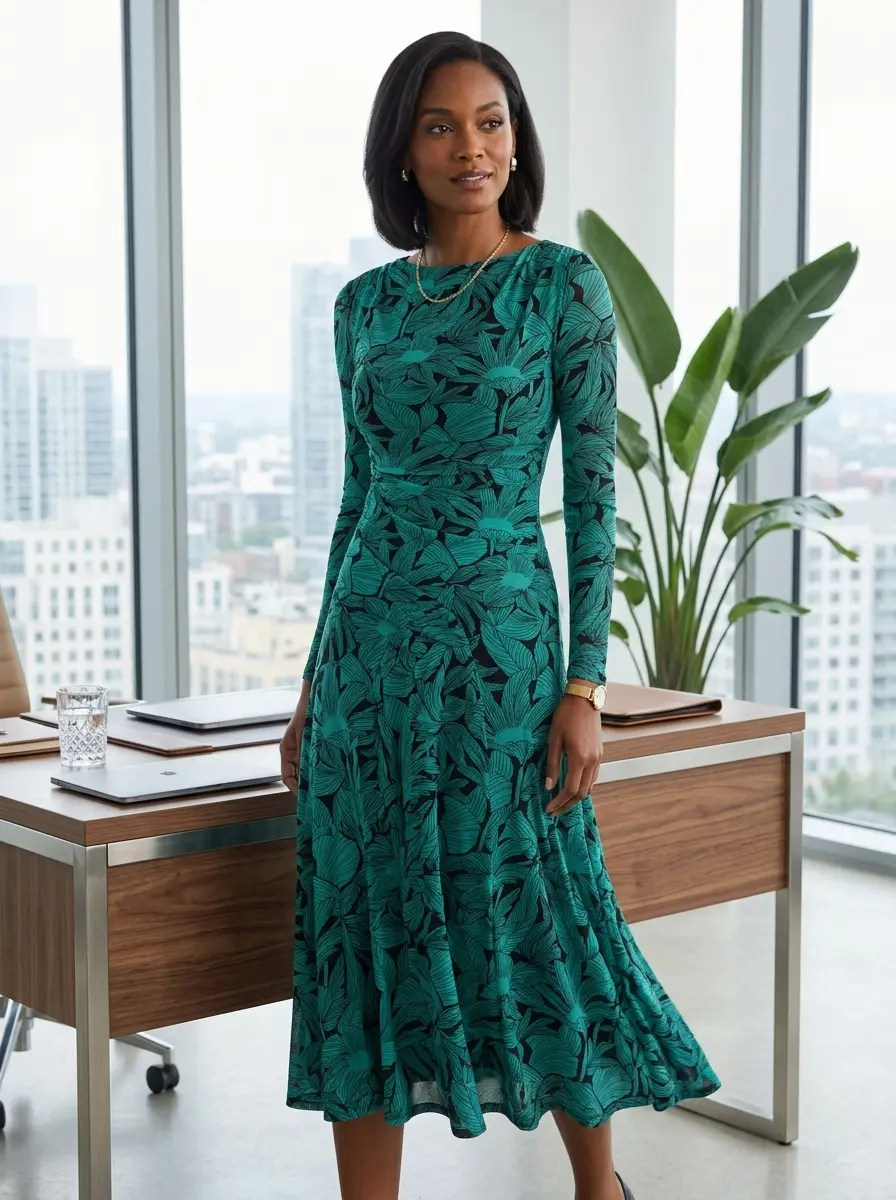 Woman wearing the Darrius Long Sleeve Dress in Tiny Tiger Lily Summer Turquoise
