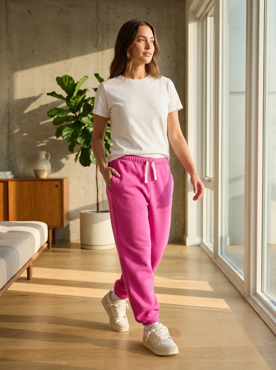 Woman wearing UGG Classic sweatpants in sand heather for a comfortable casual outfit