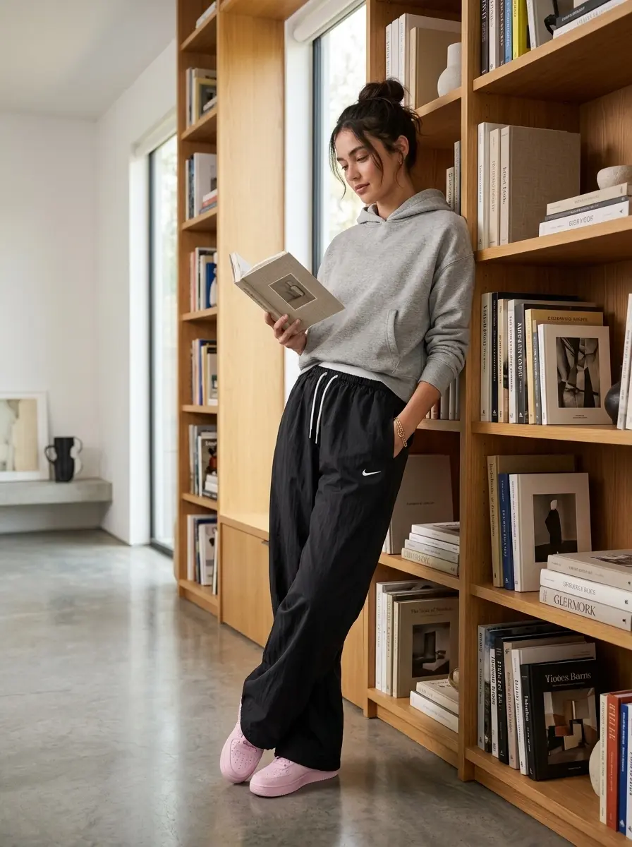 Woman wearing Nike Sportswear loose high waisted parachute pants in black streetwear style