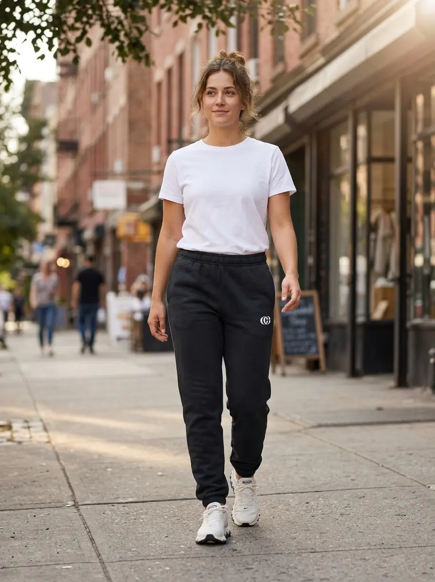 Woman wearing Nike Caitlin Clark premium fleece cuffed pants in black for everyday comfort
