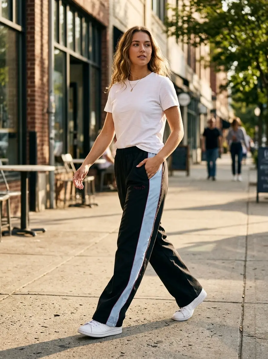 Woman wearing FENTY x PUMA relaxed track pants in black sporty fashion style