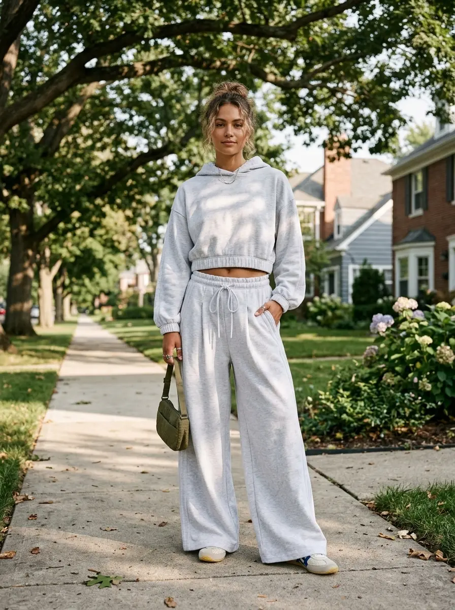 Woman wearing adidas Originals wide leg sweatpants in light grey heather relaxed fit style