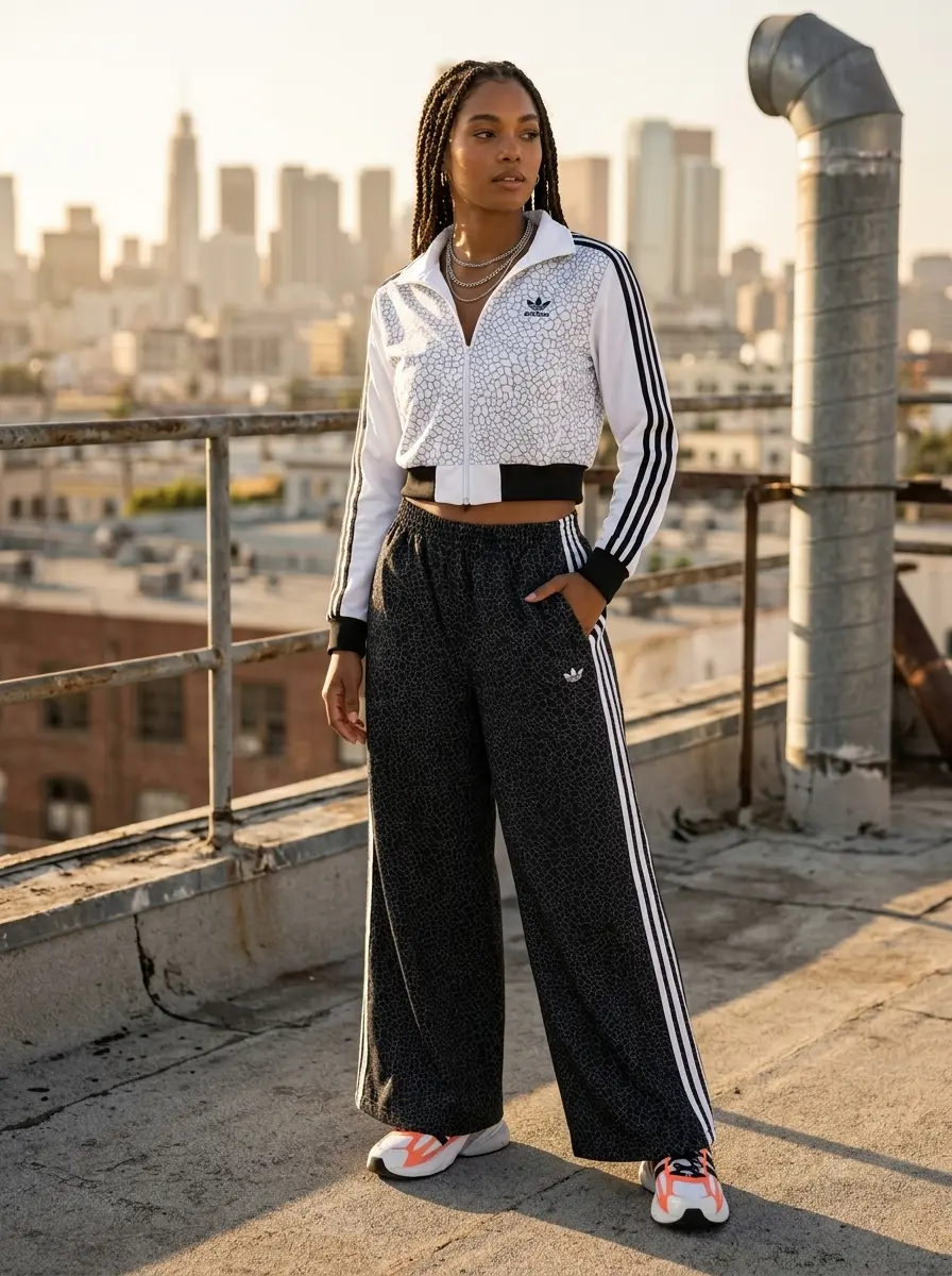 Woman wearing adidas Originals Firebird oversized denim pants with all over leopard print