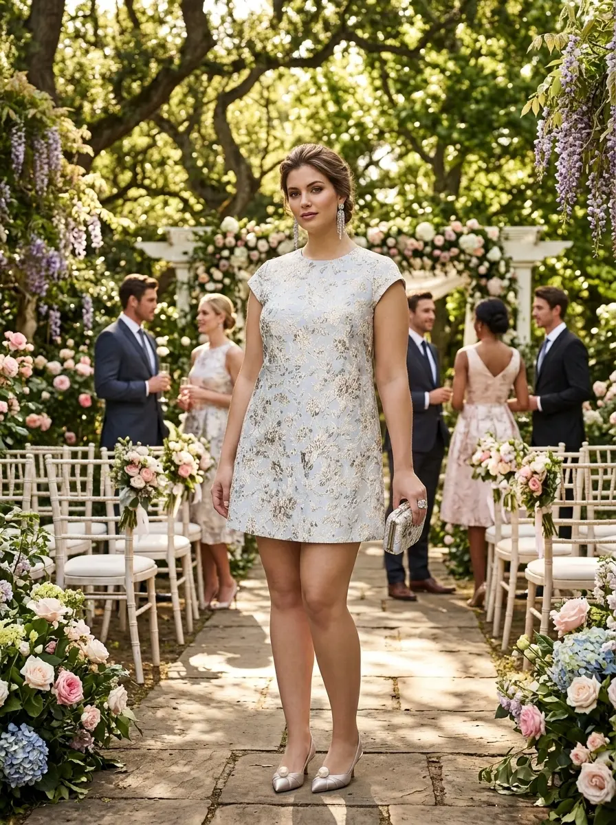 Fitted Galina sheath mini dress in Golden Gardens metallic jacquard, featuring cap sleeves, a high neckline, and a luminous gold and pewter floral motif