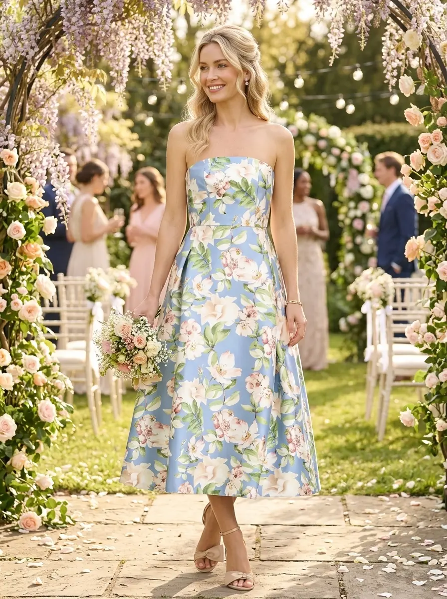 Strapless tea-length Shay Dress with a fitted bodice and A-line skirt, featuring the exclusive Twilight Camellia floral print on stretch Mikado fabric by Sachin & Babi
