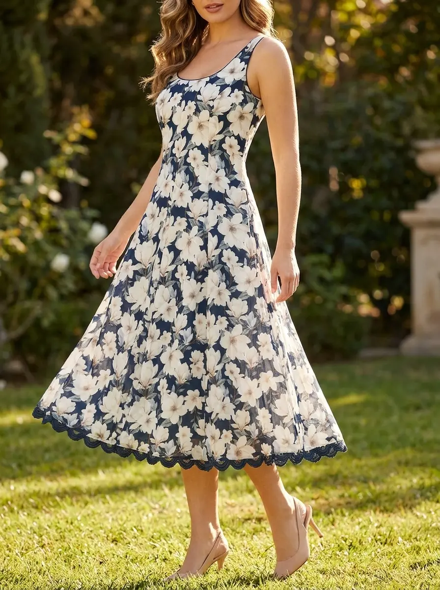 A-line Teresa midi dress in Midnight Magnolia print, featuring ivory florals on a dark background, a scoop neckline, and a delicate scalloped trim hem