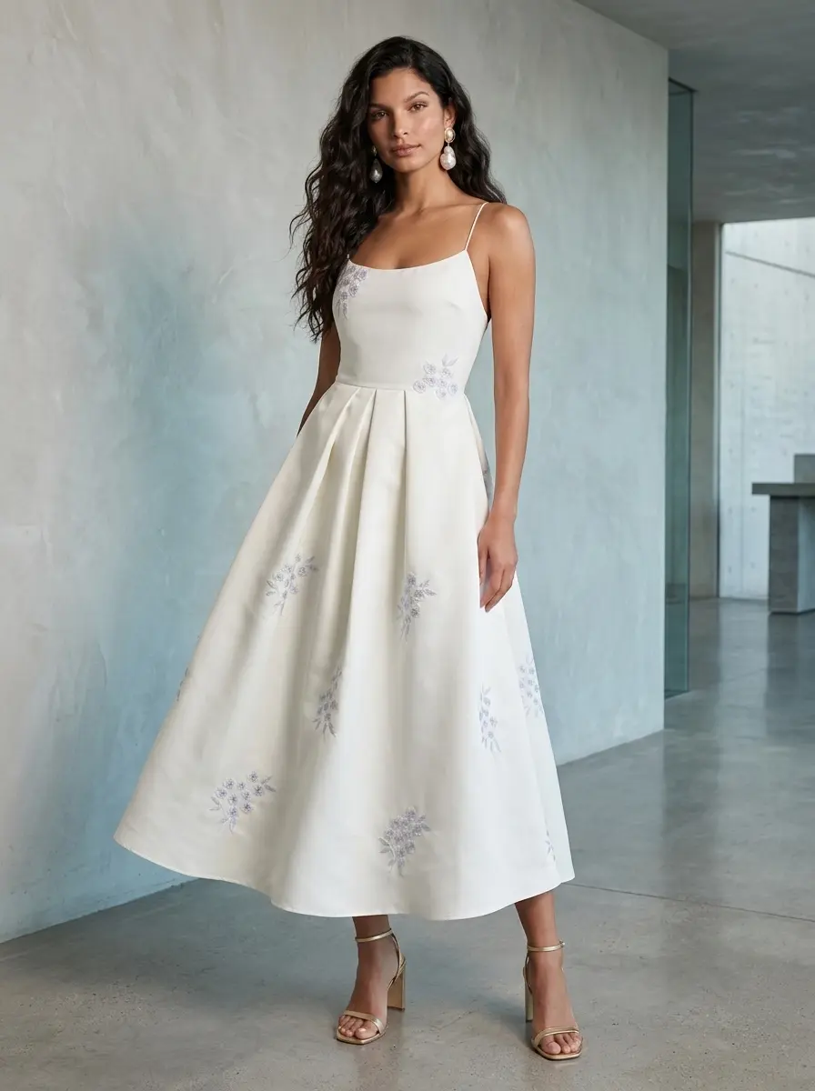 Ballerina-style Audra tea-length dress in ivory faille, showcasing intricate floral embroidery, a soft box-pleated skirt, and a fitted bodice