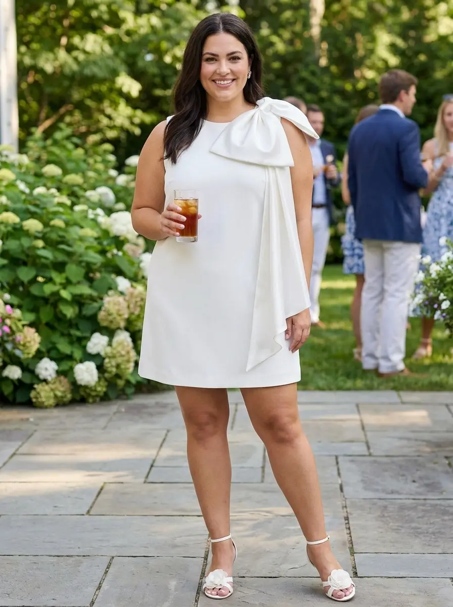 Fluid ivory gazar Harmony dress featuring a sleeveless mini shift silhouette, a dramatic oversized shoulder bow, and a cascading side overlay