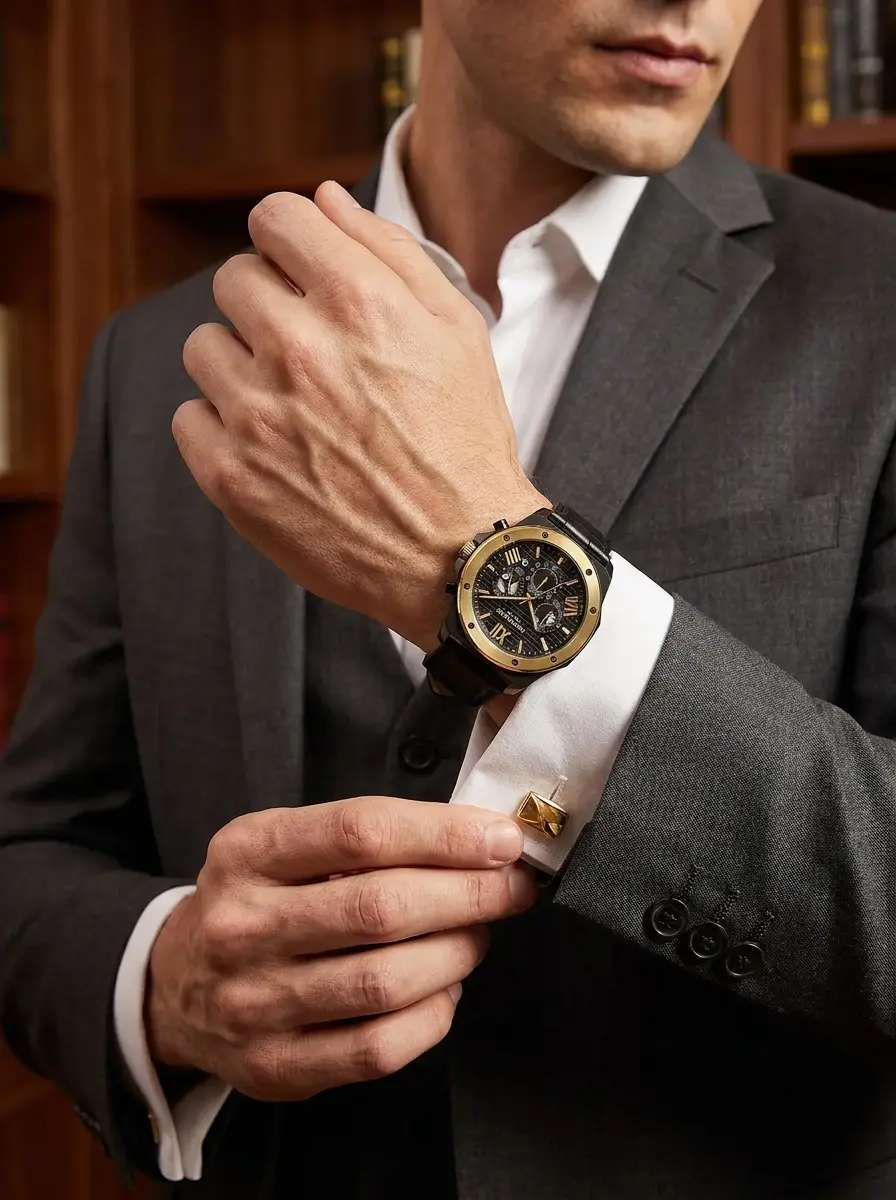 Bold 45mm Kenneth Cole Dress Sport watch featuring a black textured grid-pattern dial, gold-tone bezel, and a black croc-embossed strap