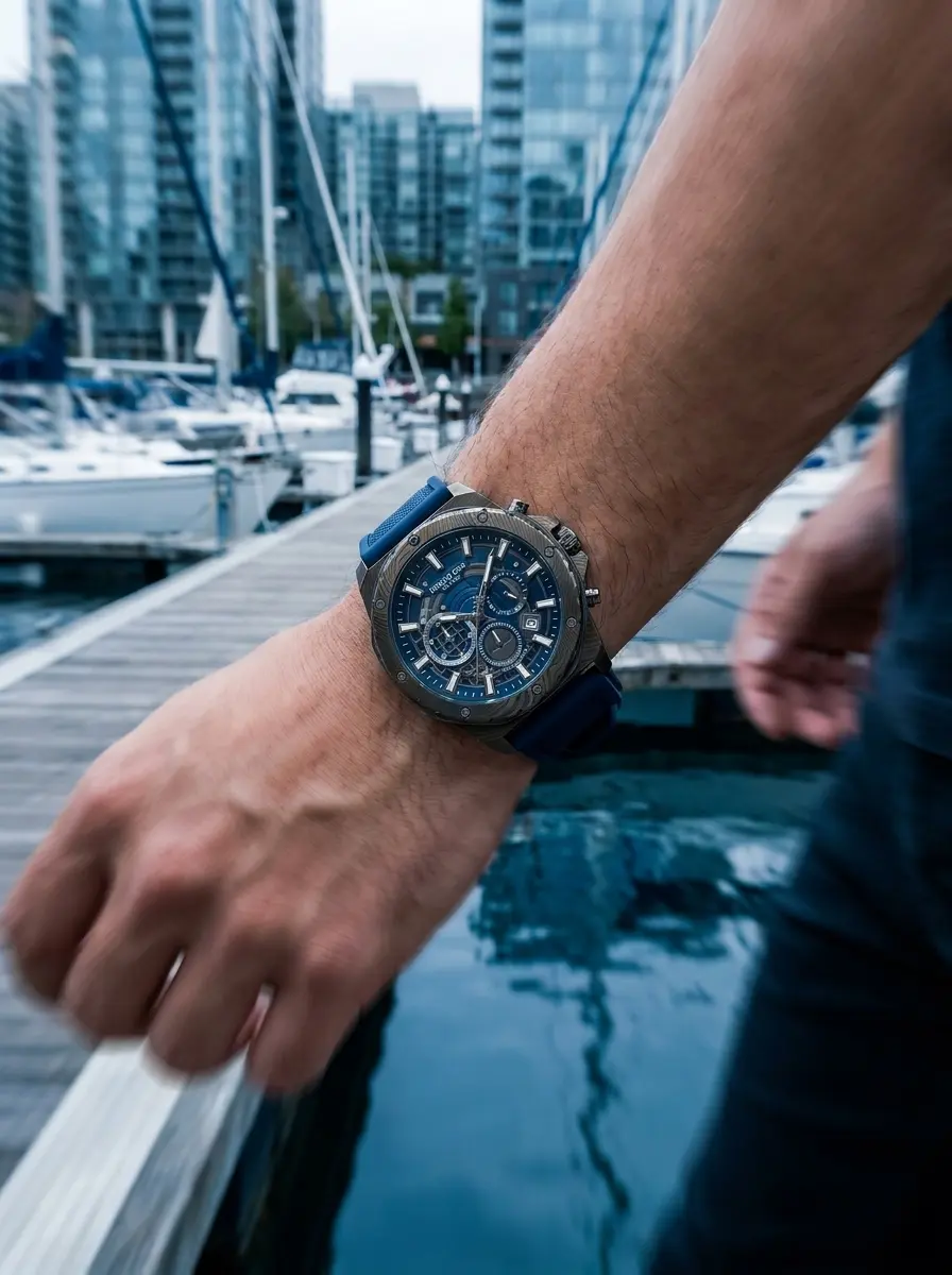 Technical Kenneth Cole chronograph watch in deep blue featuring an intricate layered textured dial, metallic accents, and a blue synthetic band