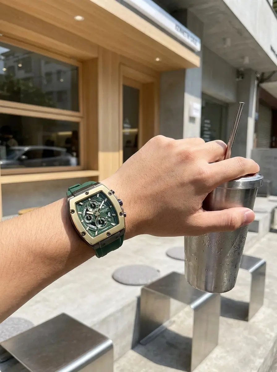 Bold green Kenneth Cole chronograph sport watch with a curved case, striking gold-tone details, and an adjustable green silicone band