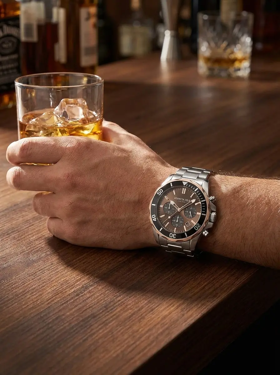Sport-inspired Kenneth Cole chronograph bracelet watch in silver stainless steel, featuring a 43mm case and dynamic sport-style bezel