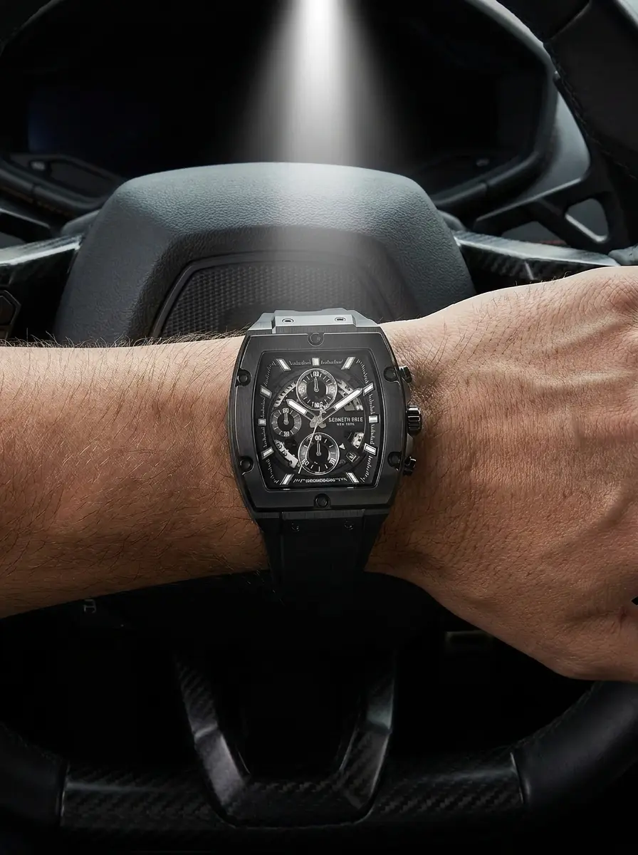 Men's Kenneth Cole industrial-inspired chronograph watch featuring a partial skeleton dial, screw-in bezel, and smooth black silicone strap