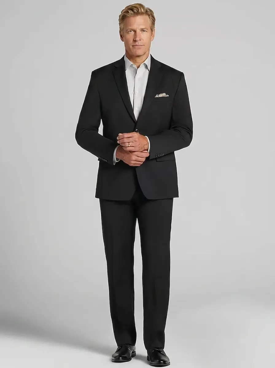 Reserve Collection Big and Tall traditional fit black 100 percent Italian wool suit with flat front pants