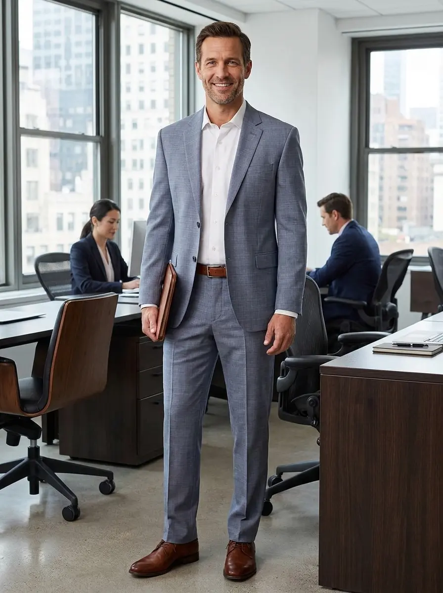 Traveler COOLMOTION Big and Tall tailored fit mini plaid suit in light blue moisture-wicking stretch wool blend