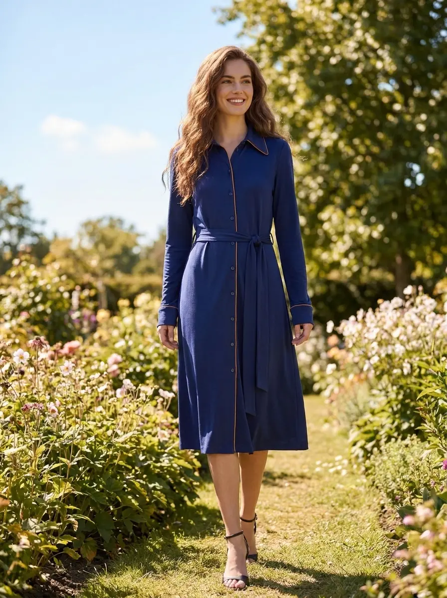 Diane navy blue soft matte jersey shirt dress featuring long cuffed sleeves and a waist-cinching tie