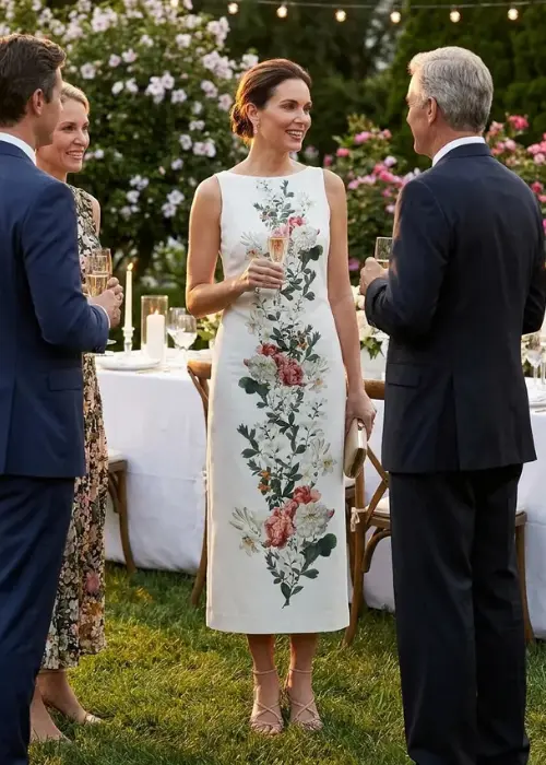 Asha sleeveless lightweight linen sheath dress in Pearl Raceme print featuring a central floral cascade
