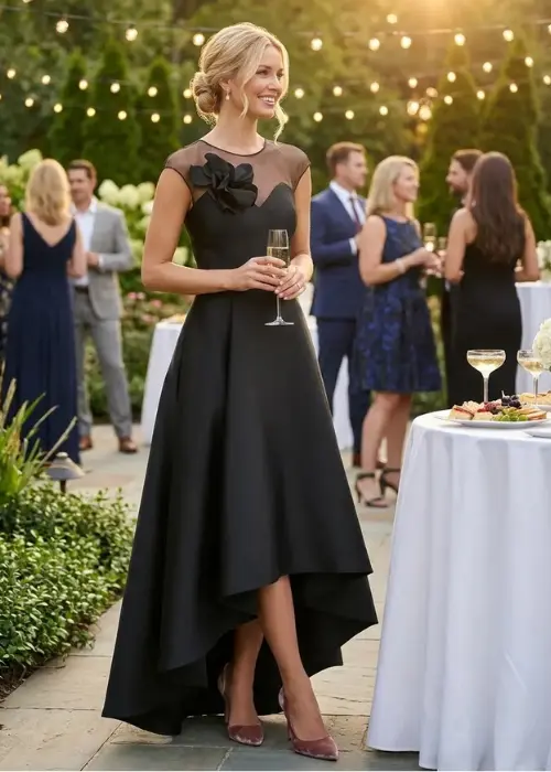 Blakely classic jet black high-low formal evening gown crafted from single face non-stretch Mikado