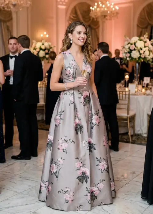 Embellished Brooke full-length premium printed Mikado gown in Pewter English Rose featuring side pockets