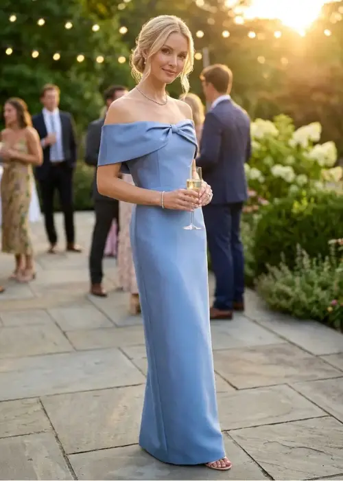 Michelle full-length formal evening gown in Twilight blue stretch Mikado with a sleek back vent