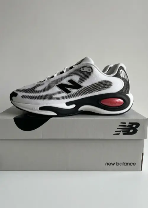 Men's New Balance AC Runner hybrid sneakers in white black and neo flame with Fresh Foam X