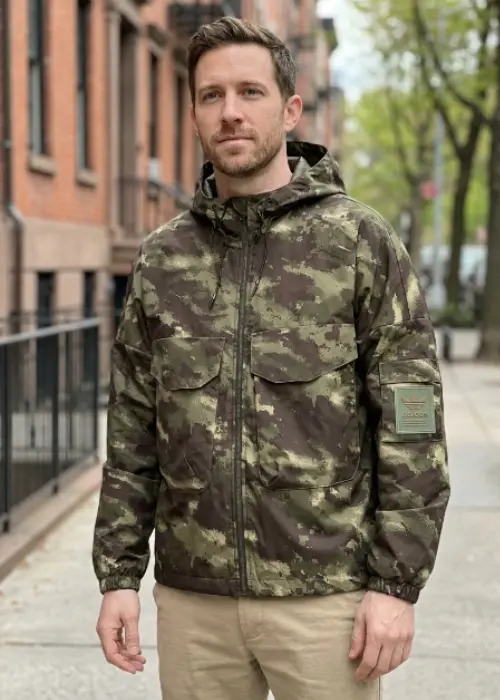 Men's adidas Originals camo ripstop full-zip jacket in Olive Strata with embroidered Trefoil patch