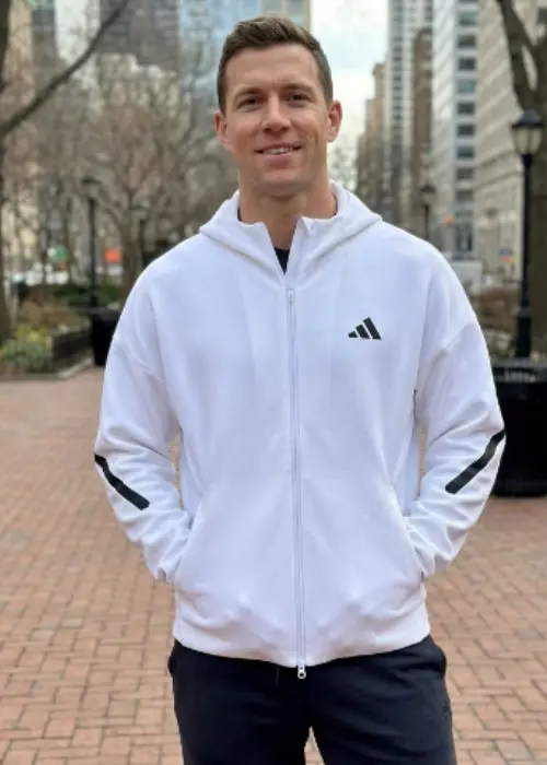 Men's adidas ZNE full-zip hooded track top in white premium structured doubleknit fabric