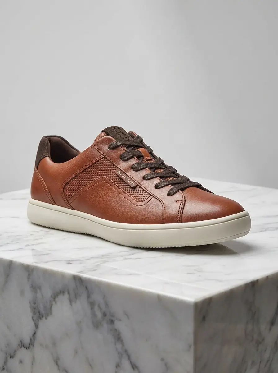 Men's Rockport Collins cognac brown leather lifestyle sneakers with TruTech shock absorption cushioning