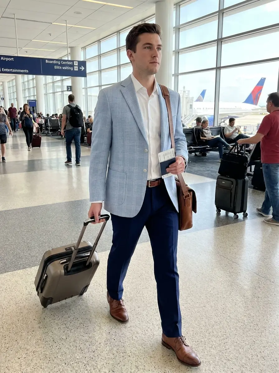 Jos. A. Bank men's slim fit comfort stretch knit plaid sportcoat in blue featuring functional patch pockets