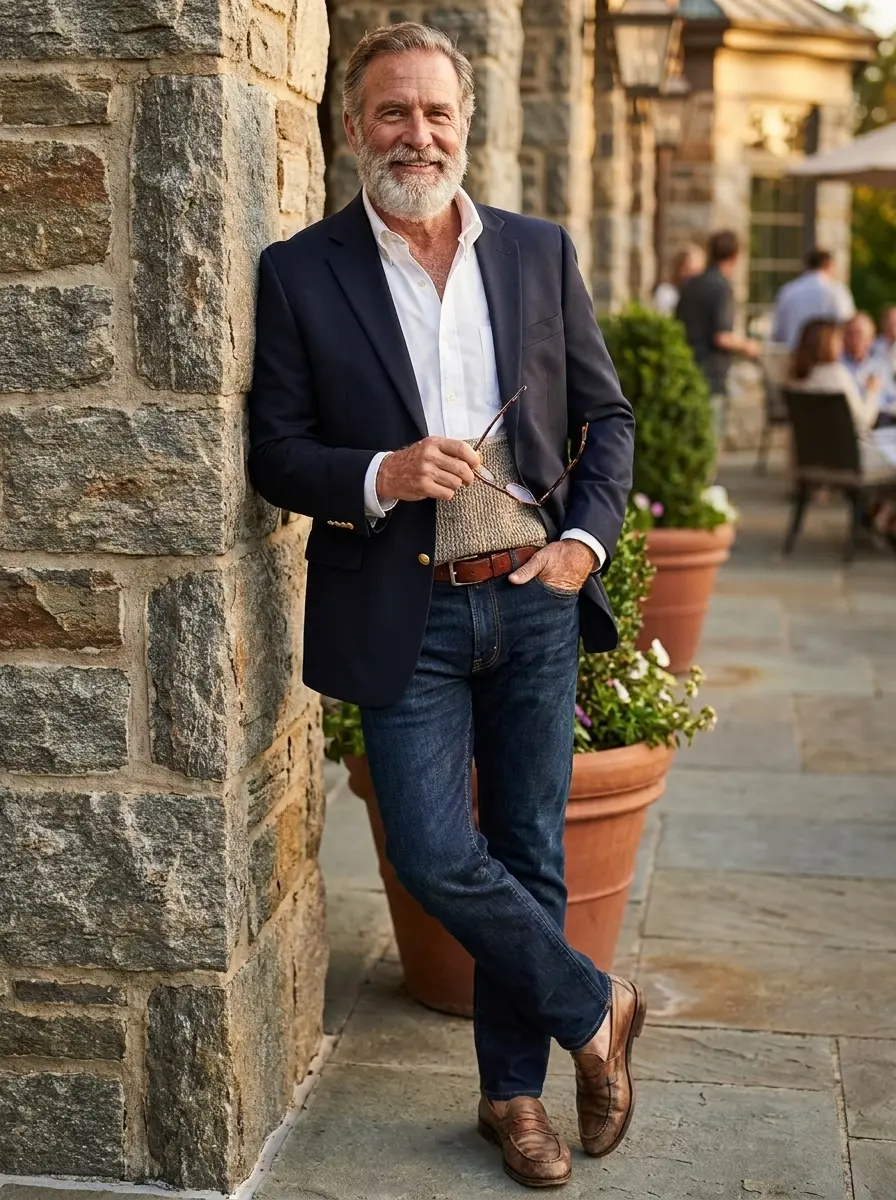 Jos. A. Bank tailored fit comfort stretch double-breasted navy blazer featuring bold peak lapels