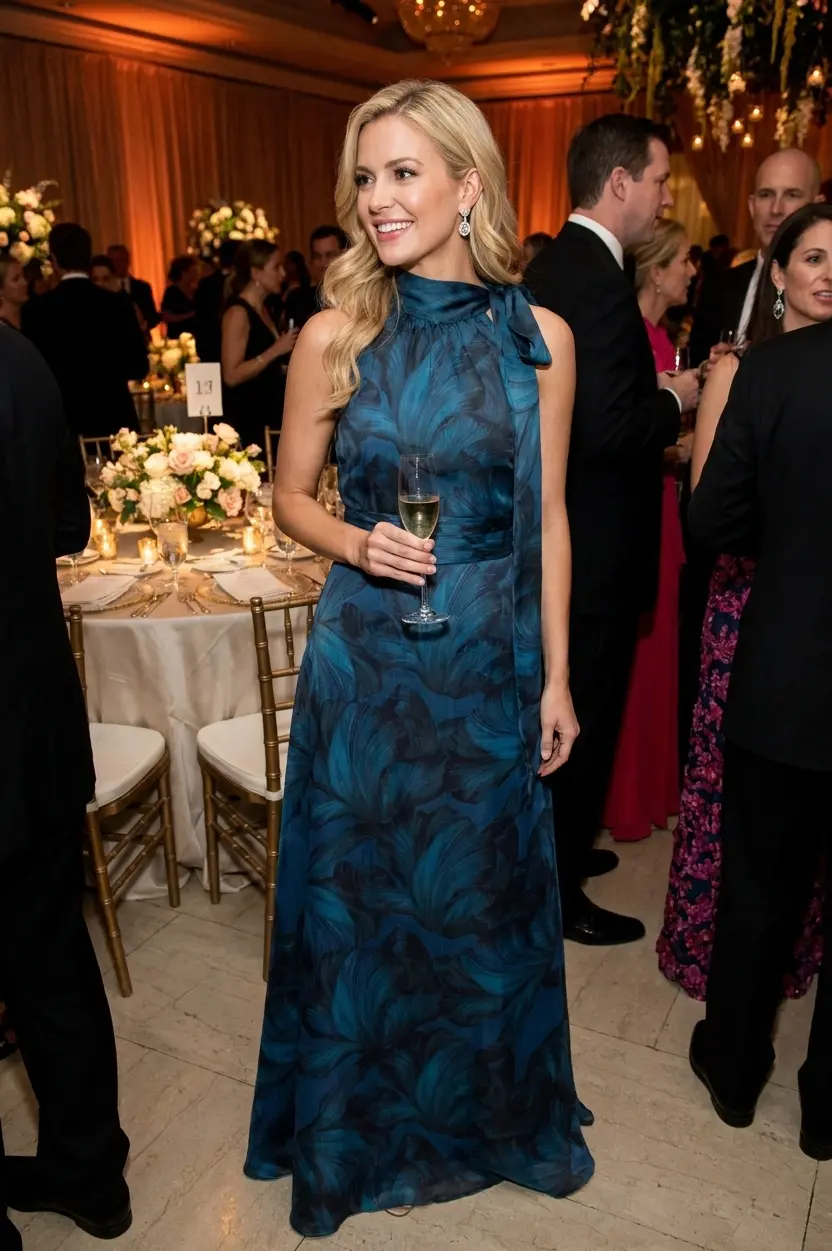Sachin and Babi Kayla Gown in Tonal Petal printed maxi silhouette with self-tie neckline