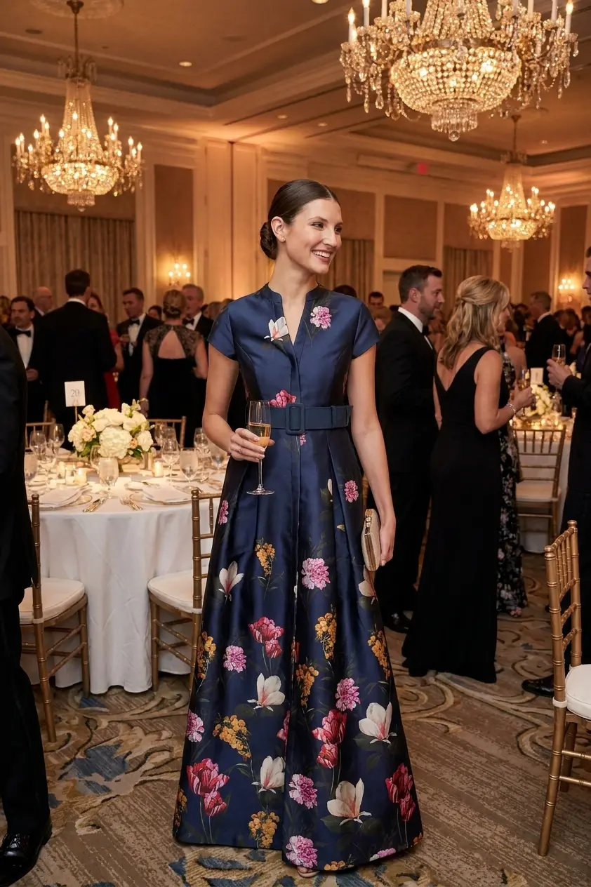 Sachin and Babi Marta Gown in Dark Midnight Garden printed Mikado shirt style ball gown