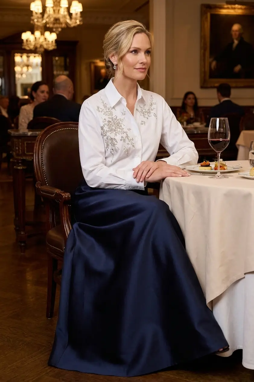 Sachin and Babi Mary Skirt in Night Sky structured full length stretch Mikado A-line design