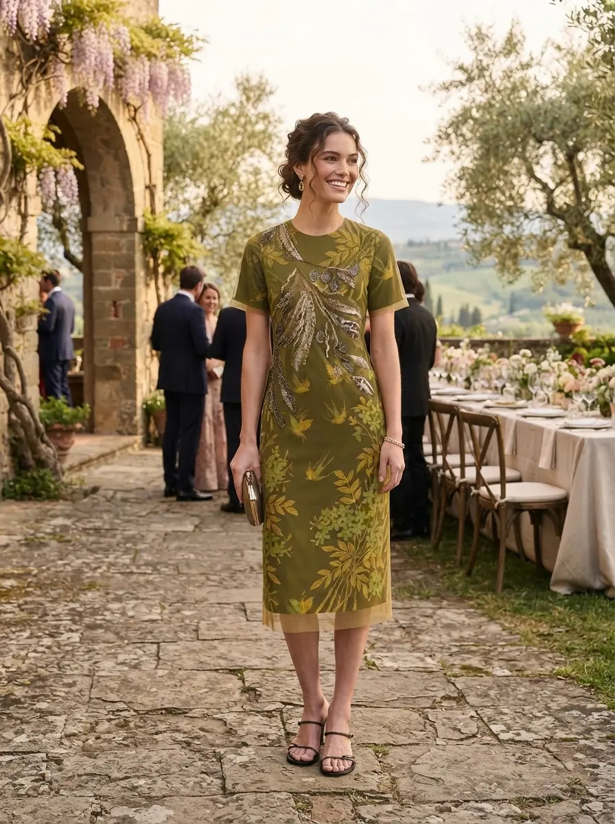 DVF x Henry Zankov Olive Dress in Bakelite color featuring sheer printed tulle overlay and hand-embroidered shoulder details