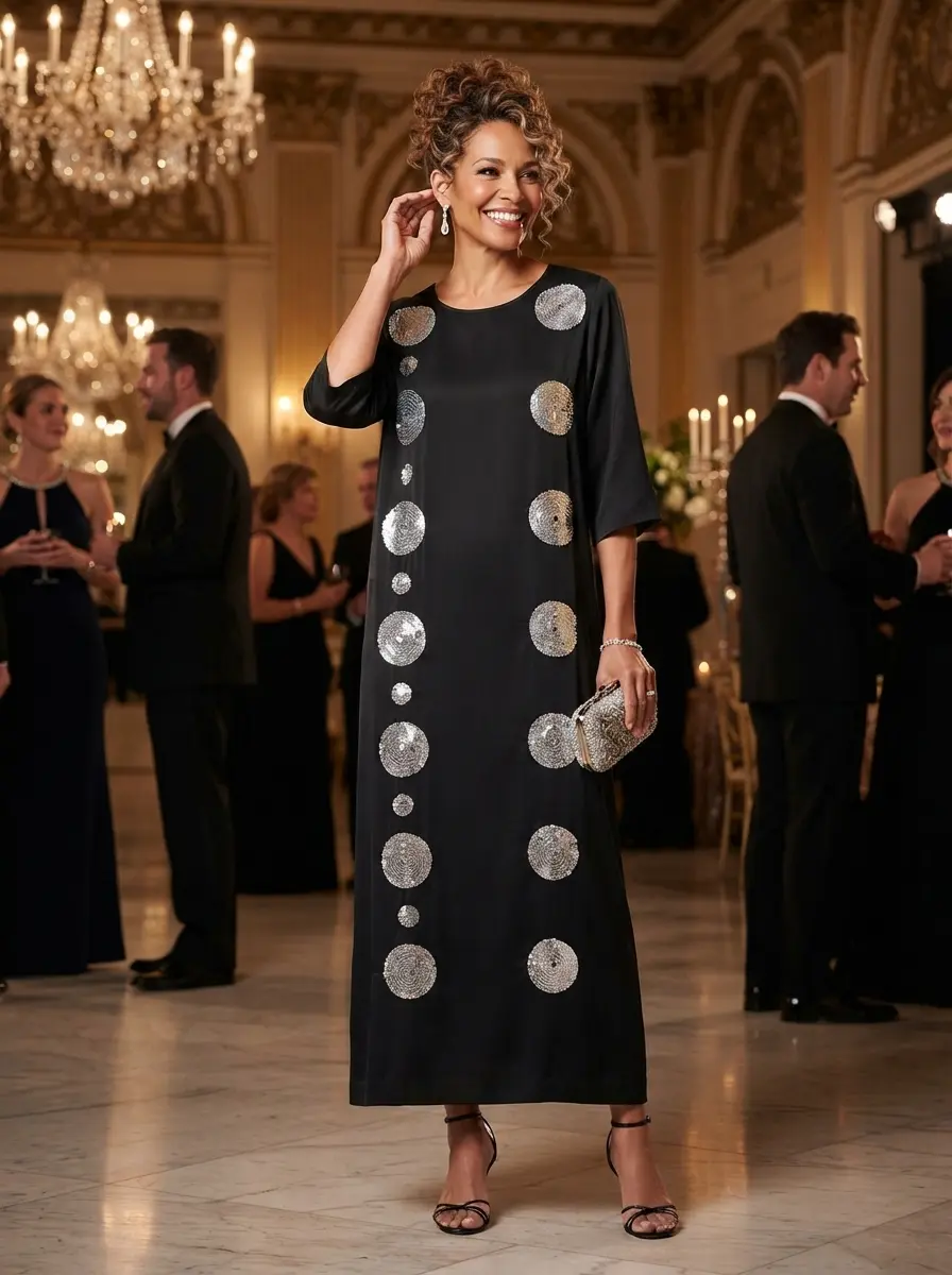 DVF x Henry Zankov Isobel Dress in black silk charmeuse featuring hand-placed sequin discs and a relaxed silhouette