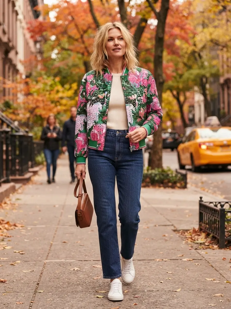 DVF Leanne Jacket in Provence Gossip Pink, a lightweight cotton eyelet bomber with bold floral designs
