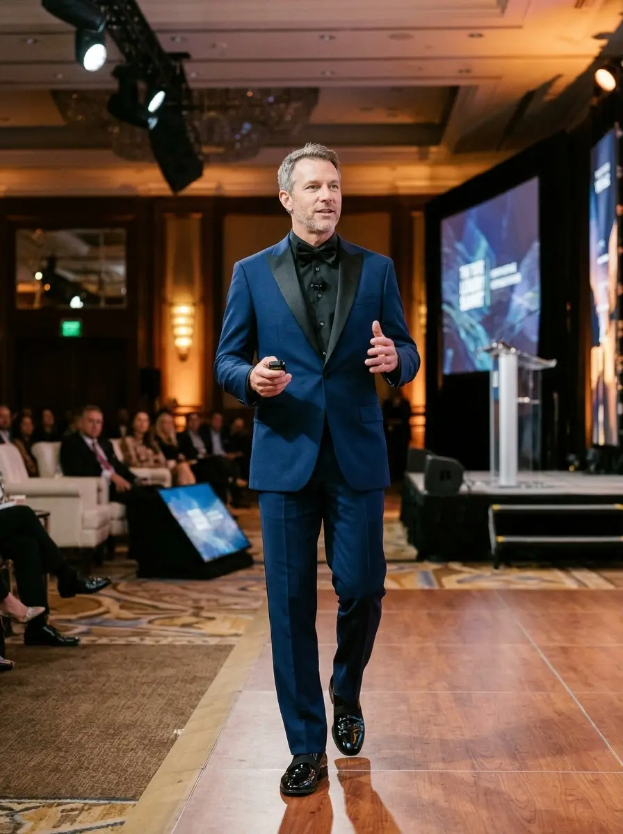 Traveler COOLMOTION Tailored Fit Tuxedo featuring premium satin peak lapels in Navy
