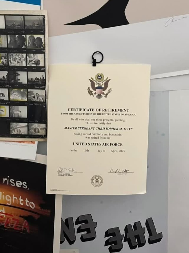 Certificate of Retirement from the United States Air Force for Master Sergeant Christopher M. Maye, dated April 16, 2025.