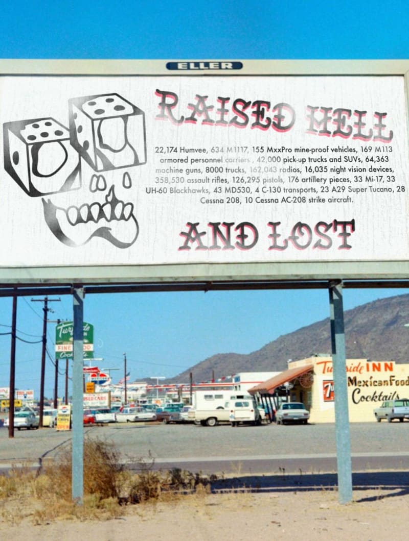 Painted piece reading Raised Hell and Lost above a desert street scene.