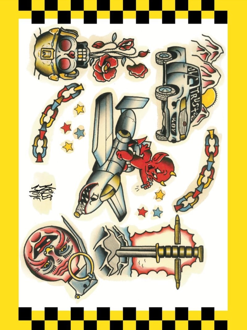 A sheet of Chris Maye's military tattoo flash, including a rocket, a chain and a dagger.