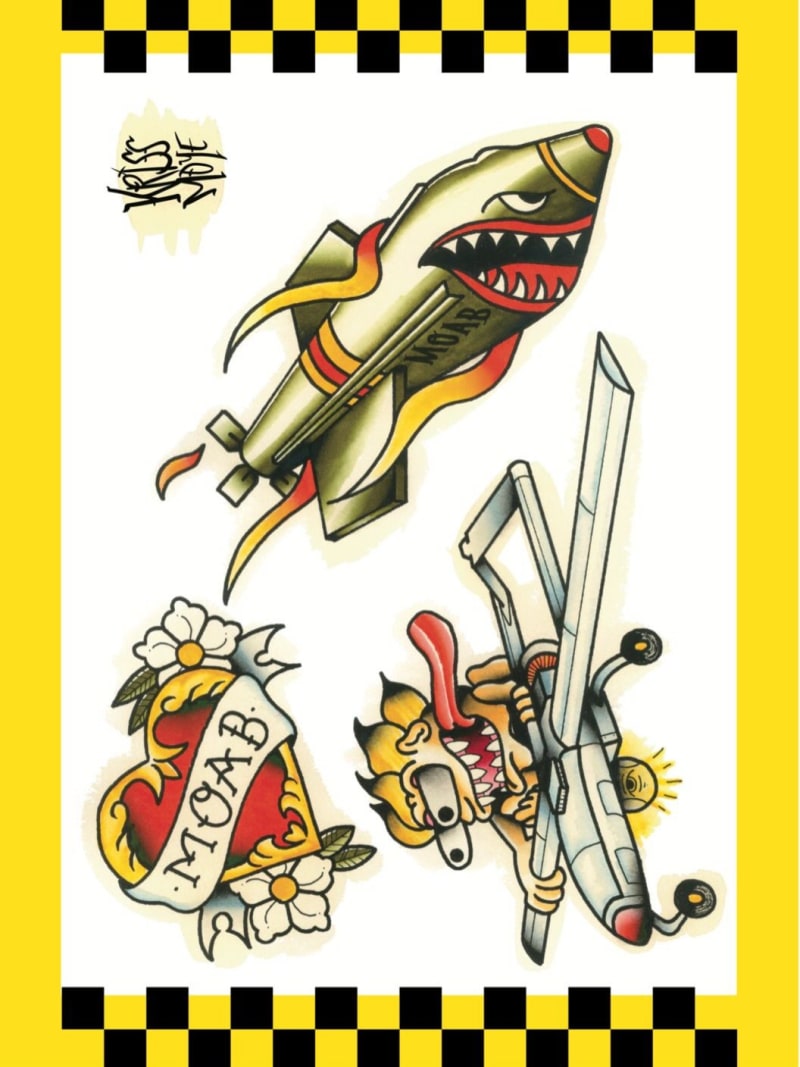 A sheet of Chris Maye's military tattoo flash, including a shark mouth aircraft and a banner.