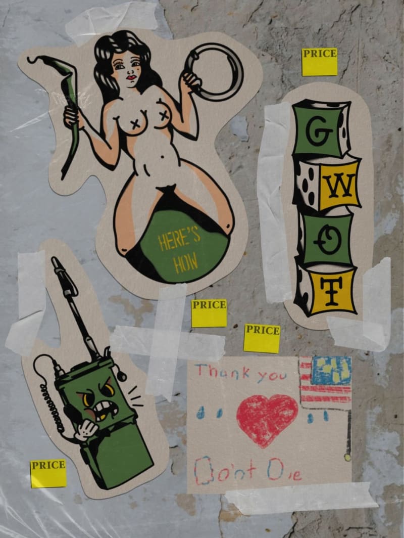 Tattoo flash stickers and drawings pinned to a wall, including a GWOT lettering piece.