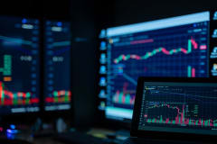Monitors displaying stock market charts in a dimly lit room, perfect for finance and trading themes.