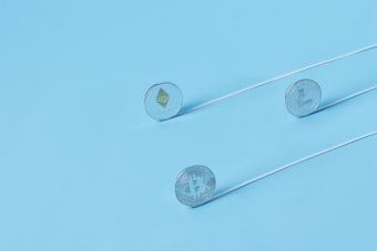 Minimalist image of Bitcoin, Ethereum, and Litecoin coins on a baby blue background.