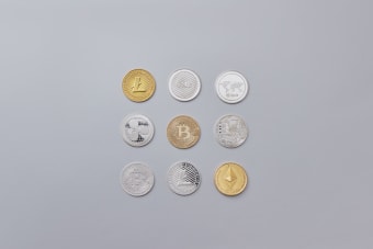 Image showcasing a selection of different cryptocurrency coins arranged on a neutral grey background.