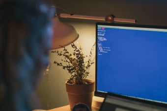 A person using a computer and laptop at night with a potted plant and desk lamp.