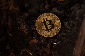 Detailed image of a Bitcoin coin placed on a charred, burnt background, symbolizing the rise of cryptocurrency.