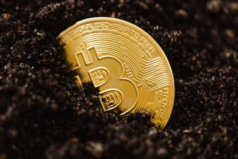 Golden Bitcoin partially buried in dark soil, signifying investment growth.