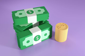 3D illustration of stacked dollar bills and coins, symbolizing finance and wealth.